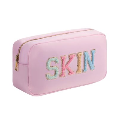 YogoRun Skin Care Bag SPF Bag Glitter Chenille Makeup Bag for Women Travel Toiletries Bag Nylon Cosmetic Pouch with Zipper Pocket (L, BabyPink-Skin)