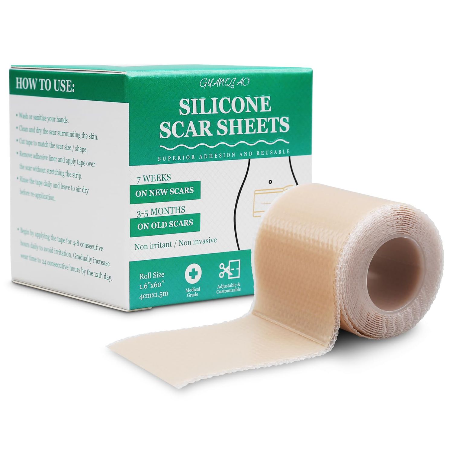 Silicone Scar Sheets, Medical Grade Silicone Scar Tape, Scar Removal Strips for Acne Scars C-Section &amp; Keloid Surgery Scars Sheets Treatment Sheets -1.6&quot;x 60&quot; Roll-1.5M