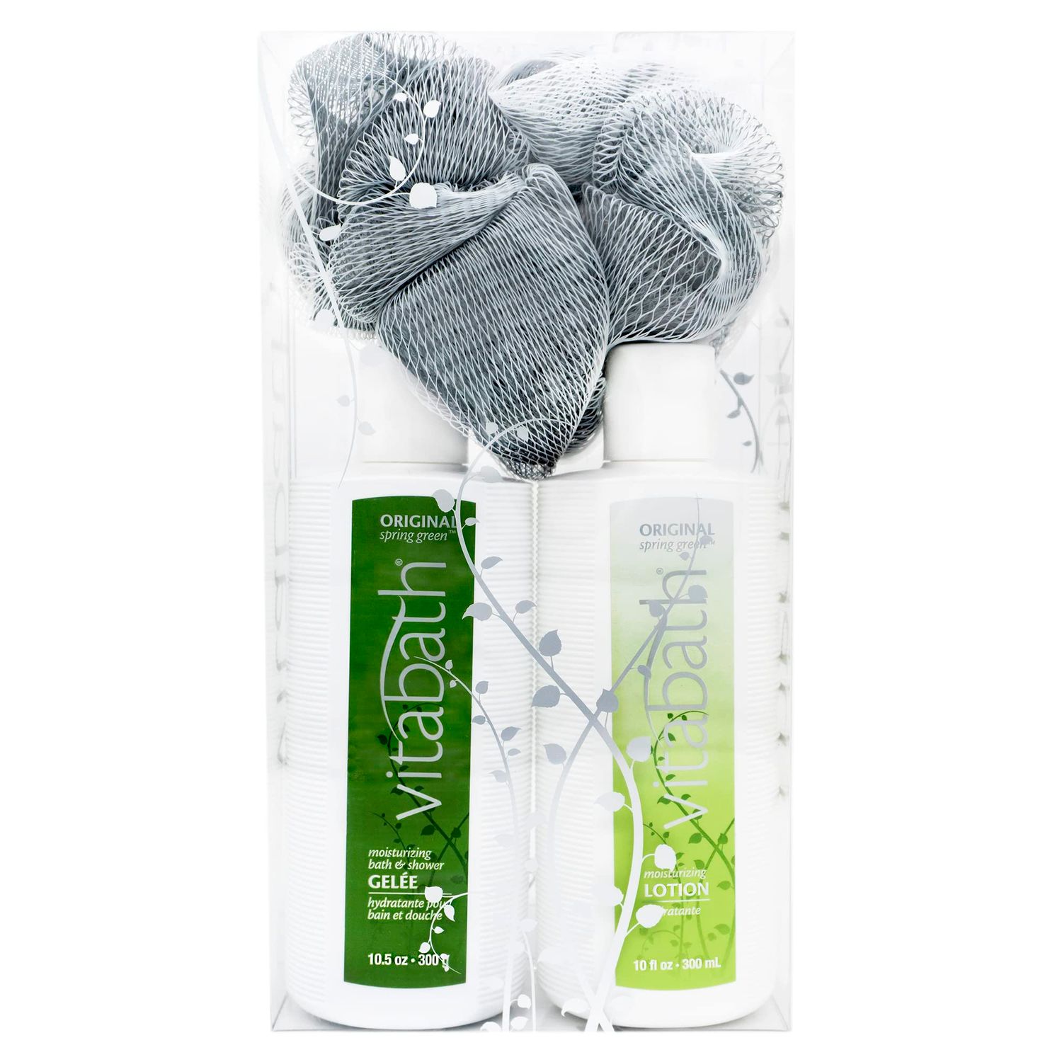 Vitabath Original Spring Green Everyday Skincare Set Moisturizing Shower Gel Wash, Reviving Lotion &amp; Exfoliating Body Scrubber Pouf - Intoxicating Foam Cleanser &amp; Dry Skin Hydration for Women &amp; Men