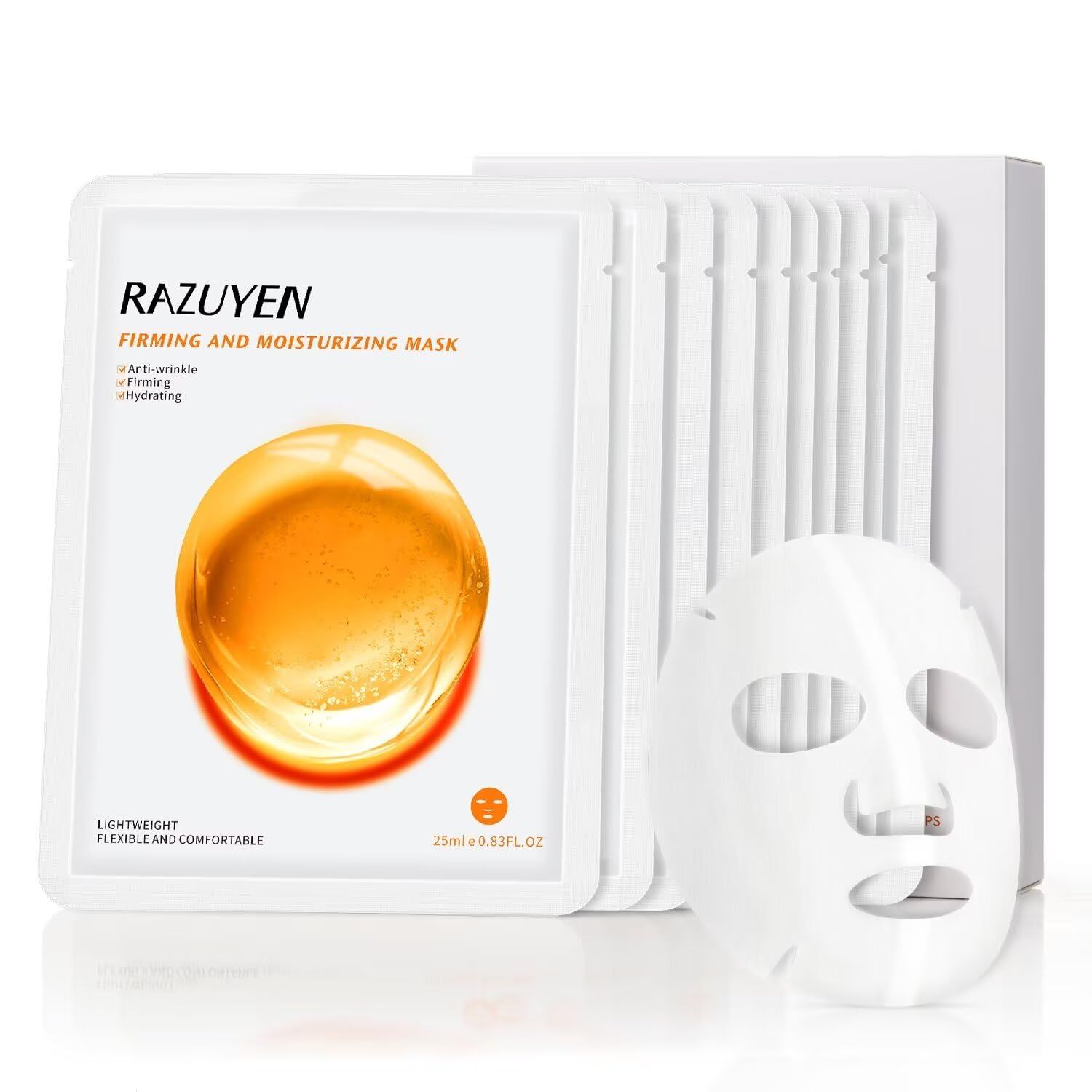 RAZUYEN Firming and Moisturizing Sheet Face Masks with Hyaluronic Acid and Peptides, Reduce Fine Lines and Wrinkles, Hydrating &amp; Anti-Aging Spa Face Mask, Facial Skin Care (Pack of 10)