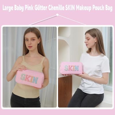 YogoRun Skin Care Bag SPF Bag Glitter Chenille Makeup Bag for Women Travel Toiletries Bag Nylon Cosmetic Pouch with Zipper Pocket (L, BabyPink-Skin)