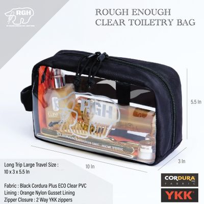 Rough Enough Clear Toiletry Bag Travel Cosmetic Makeup Toothbrush Case Pouch Organizer for Women Skincare Men Shaving Kit Waterproof Traveling Essentials Black