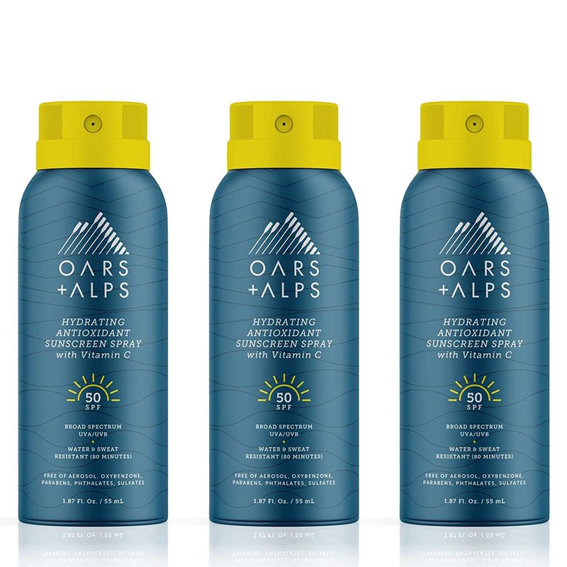 Oars + Alps Hydrating SPF 50 Sunscreen Spray, Infused with Vitamin C and Antioxidants, Water and Sweat Resistant, TSA Friendly, 1.87 Oz Each, 3 Pack