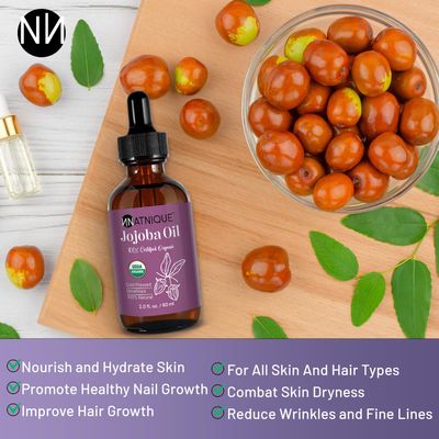 Natnique Jojoba Oil 2oz, USDA Certified Organic, 100% Pure for Hair Growth, Face & Skin. 100% Natural Hair Oil Moisturize Nails, Hair, Scalp, Cuticles. Facial Oil for Gua Sha Massage