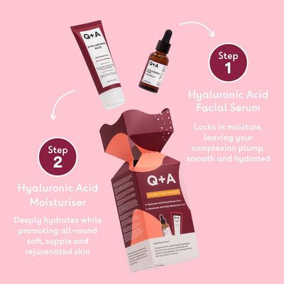 Q+A Hydrating Heroes Skincare Gift Set - A Giftset with Hyaluronic Acid Facial Serum 30ml, Daily Moisturiser 75ml for Dry, Dehydrated Skin, Vegan, Cruelty-Free, for Soft, Supple Complexion