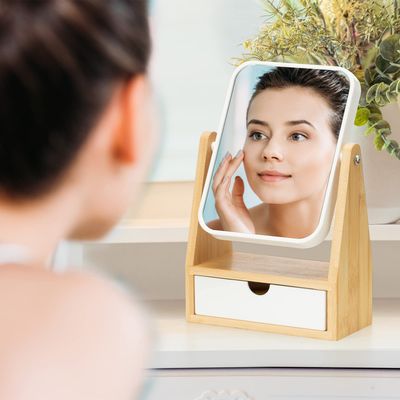 YEAKE Vanity Makeup Mirror with Storage, 1X/3X Double Sided Magnifying Mirror with Adjustable Natural Bamboo Stand,Portable Small Table Desk Countertop Mirror, Bathroom Shaving Mirror(Rectangular)