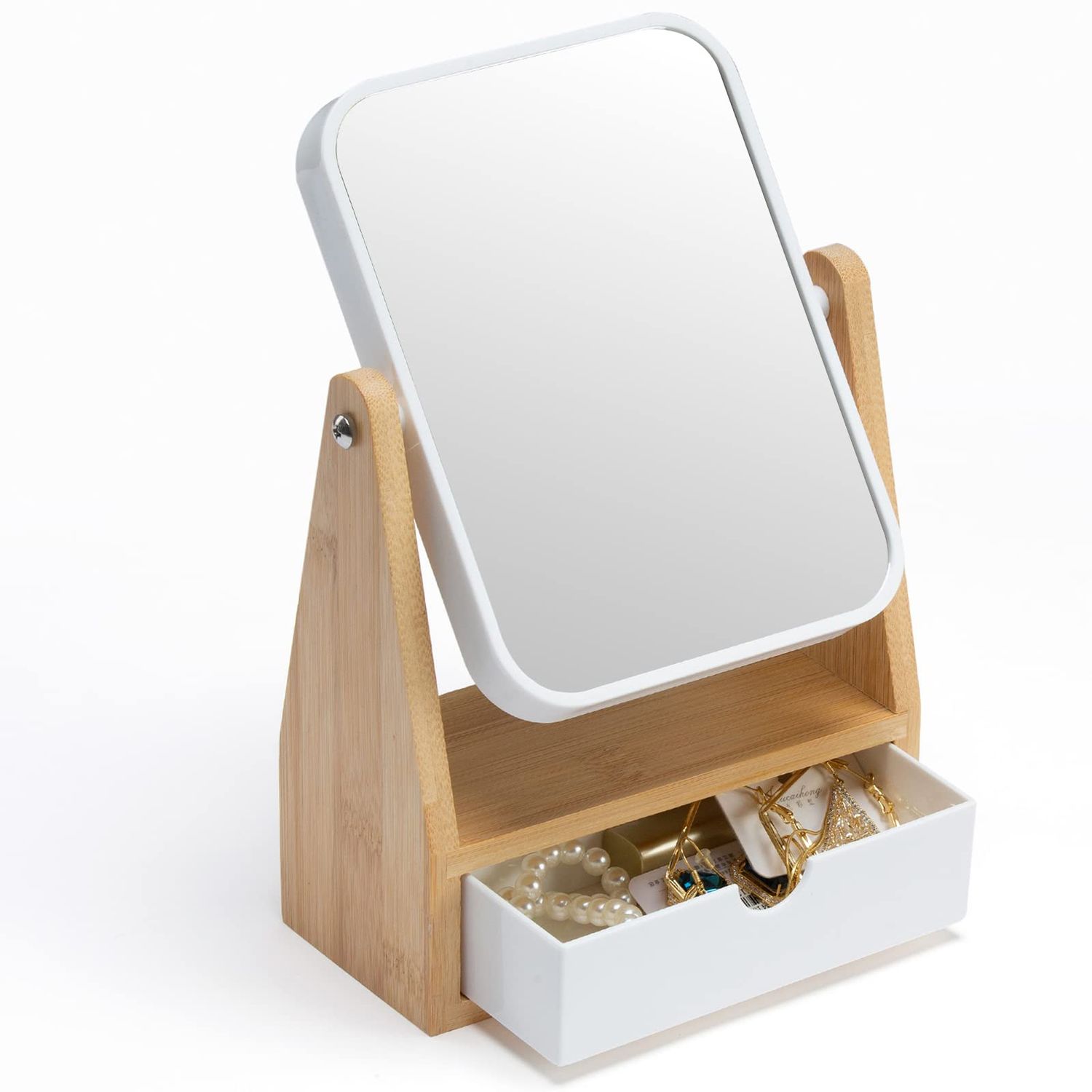 YEAKE Vanity Makeup Mirror with Storage, 1X/3X Double Sided Magnifying Mirror with Adjustable Natural Bamboo Stand,Portable Small Table Desk Countertop Mirror, Bathroom Shaving Mirror(Rectangular)