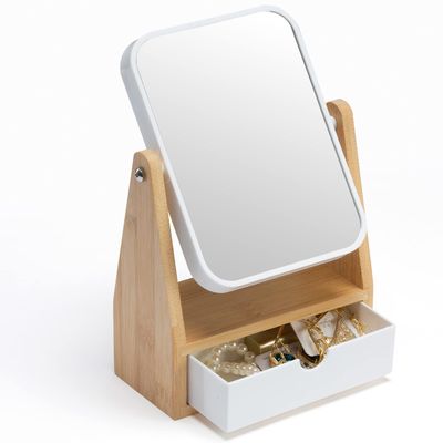 YEAKE Vanity Makeup Mirror with Storage, 1X/3X Double Sided Magnifying Mirror with Adjustable Natural Bamboo Stand,Portable Small Table Desk Countertop Mirror, Bathroom Shaving Mirror(Rectangular)