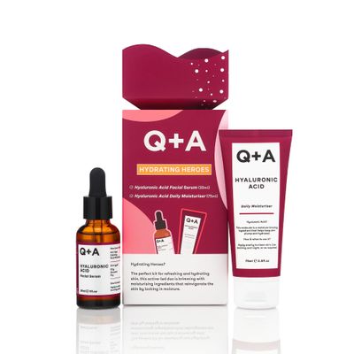 Q+A Hydrating Heroes Skincare Gift Set - A Giftset with Hyaluronic Acid Facial Serum 30ml, Daily Moisturiser 75ml for Dry, Dehydrated Skin, Vegan, Cruelty-Free, for Soft, Supple Complexion