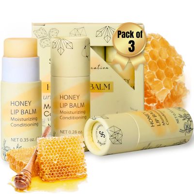 Natural Honey Lip Balm - 100%-grassfed Beef Tallow Chapstick, Organic Raw Honey &amp; Argan Oil - Ultra Moisturizing, Conditioning, No Paraffin, Non Toxic, all Natural - 3 Pack (3x0.28 oz) Untinted