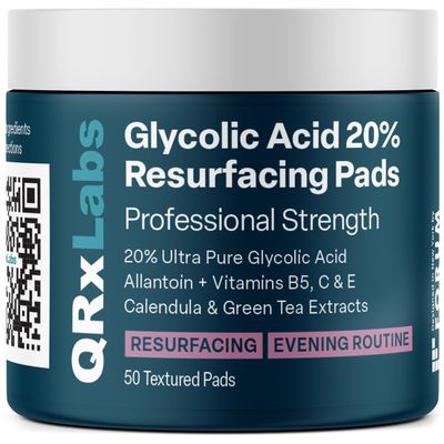 QRxLabs Glycolic Acid 20% Resurfacing Pads for Face &amp; Body with Vitamins B5, C &amp; E, Green Tea, Calendula, Allantoin - Exfoliates Surface Skin and Reduces Fine Lines and Wrinkles - Peel Pads