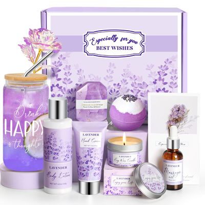 Lavender Spa Gifts for Women, Birthday Gift Baskets for Women, Bath and Body Gifts Set Relaxing Spa Gifts Self Care Gifts, Care Package Home Spa Valentine Gift for Mom Her Sister Wife Female Friends
