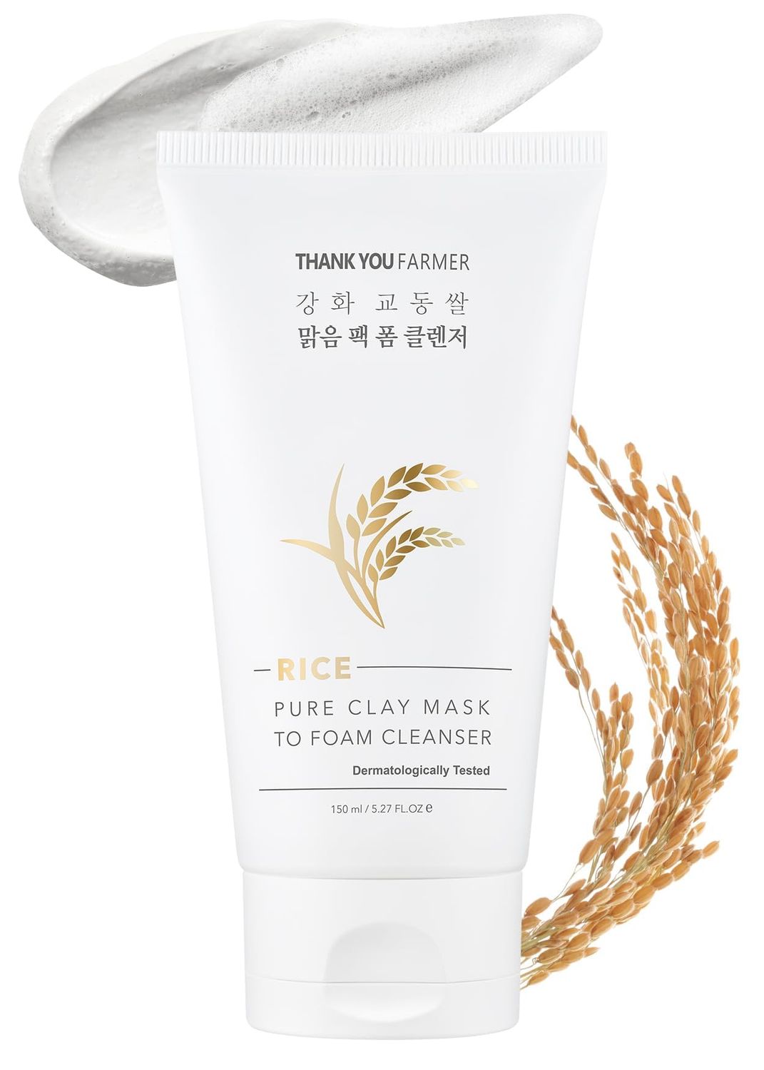 THANKYOU FARMER Rice Pure 2-IN-1 Korean Clay Mask to Foam Cleanser 5.27 fl.oz, Removes Excess Oil, Removing Dead Skin Cells, Soft Skin, Pore Purifying, Dermatologist Tested Korean Face Wash