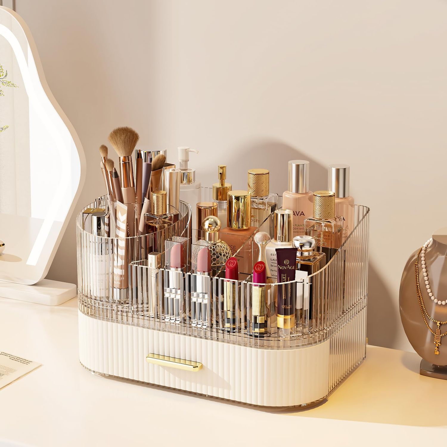 MIUOPUR Makeup Organizer with Rotating Makeup Brush Holder, Stackable Drawers for Bathroom Organizers and Storage, Make up Organizers for Vanity, Great for Cosmetics, skincare, Lipsticks -Cream