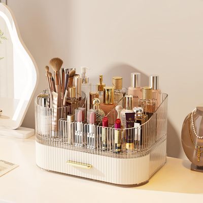 MIUOPUR Makeup Organizer with Rotating Makeup Brush Holder, Stackable Drawers for Bathroom Organizers and Storage, Make up Organizers for Vanity, Great for Cosmetics, skincare, Lipsticks -Cream