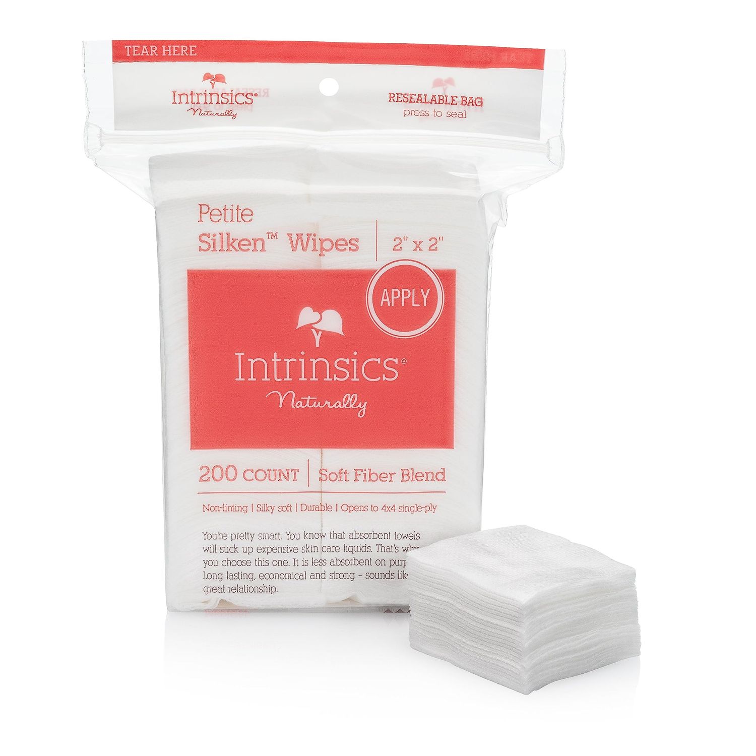 Intrinsics Petite Silken Wipes - 2&quot;x2&quot;, 4-ply Blend of Soft Fibers, 2 pack bundle