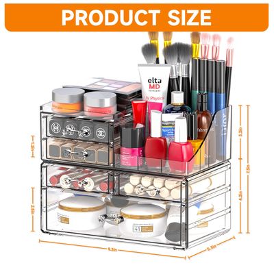 SuoXing 2 Pack Acrylic Make Up Organizers and Storage for Counter,Stackable 5 Drawers Make Up Organizing for Jewelry,Hair Accessory,Beauty,Skincare Product,Clear Plastic Make Up Holders and Organizers