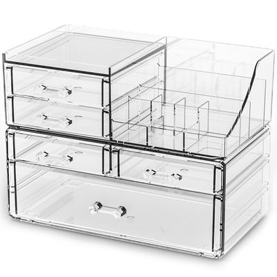 SuoXing 2 Pack Acrylic Make Up Organizers and Storage for Counter,Stackable 5 Drawers Make Up Organizing for Jewelry,Hair Accessory,Beauty,Skincare Product,Clear Plastic Make Up Holders and Organizers