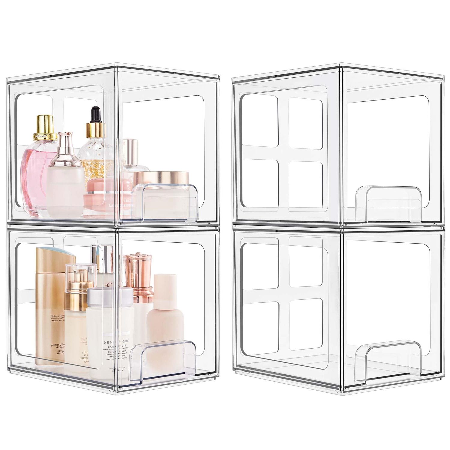 SMARTAKE 4 Pack Stackable Makeup Organizer Drawers, Acrylic Bathroom Organizers, 6.6&#39;&#39; Tall Clear Plastic Storage Drawers for Vanity, Undersink, Kitchen Cabinets, Skincare, Pantry Organization