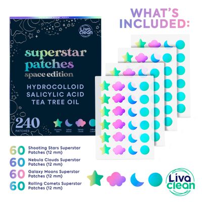 LivaClean 240 CT Holographic Cute Acne Patches - Space Edition w/Salicylic Acid &amp; Tea Tree Oil for Face - Hydrocolloid Star Pimple Patches