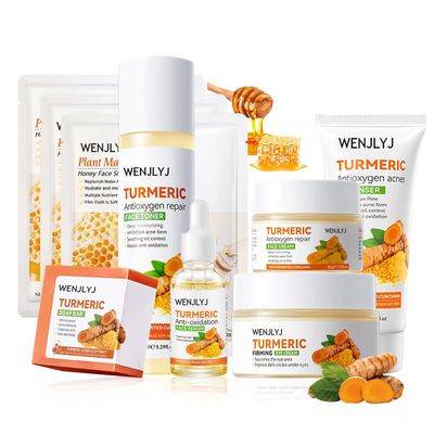 Turmeric Soap Skincare Set with Honey Face Sheets Mask,Hydrating Travel Size Turmeric Face Wash,Moisturizing Face Toner &amp; Face Serum &amp; Face Cream,Eye Cream Skin Care Gift Set for Women9PCS)
