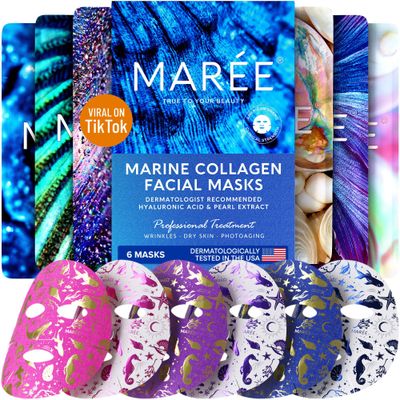 MAREE Collagen Face Mask with Hyaluronic Acid - Sheet Face Masks Skincare with Green &amp; Red Algae Extract for All Skin Types - Hydrating Facial Mask Skin For Women Care Mascarillas Faciales - 6 Pack