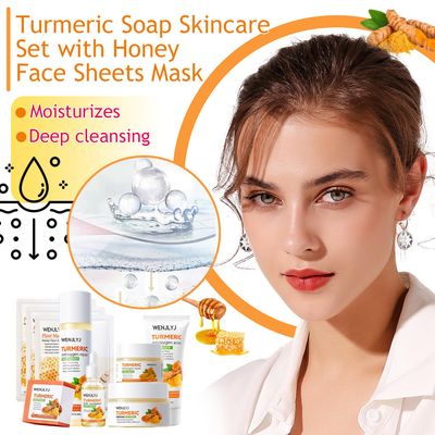 Turmeric Soap Skincare Set with Honey Face Sheets Mask,Hydrating Travel Size Turmeric Face Wash,Moisturizing Face Toner & Face Serum & Face Cream,Eye Cream Skin Care Gift Set for Women9PCS)