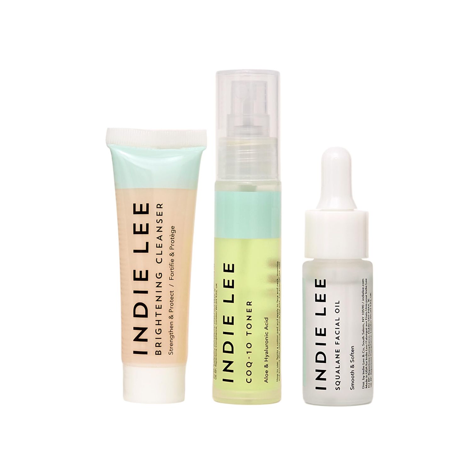 Indie Lee Discovery Gift Set - Travel Size Toiletries Skincare Set with Brightening Cleanser, CoQ-10 Toner + Squalane Facial Oil - Skin Care Kit for Adults (3-Piece Travel Size Set)