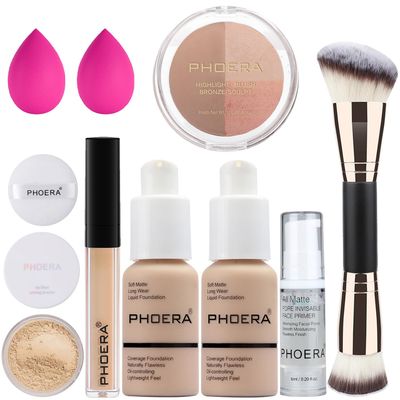 PHOERA Foundation, PHOERA Contour Palette,Shades with Highlighter &amp; Bronzer &amp; Blush,Up to 24 Hour Fresh Wear,PHOERA Concealer Primer Powder (102+ #002 Contour/Nude+#002)