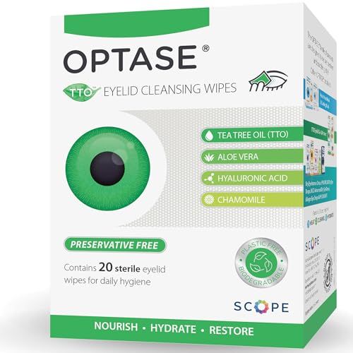 OPTASE TTO Eyelid Cleansing Wipes, Box of 20 - Individually Wrapped Eyelid Wipes With Tea Tree Oil - Eyelid Cleanser &amp; Eye Makeup Remover Wipes - Eye Wipes for Dry Eyes, Stye, Blepharitis Treatment
