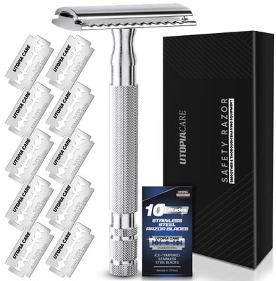 Utopia Care Double Edge Safety Razor for Men &amp; Women with 10 Premium Stainless Steel Double Edge Razor Blades Refills for Single Blade Razors for Men &amp; Women, Reusable One Blade Razor (Silver)