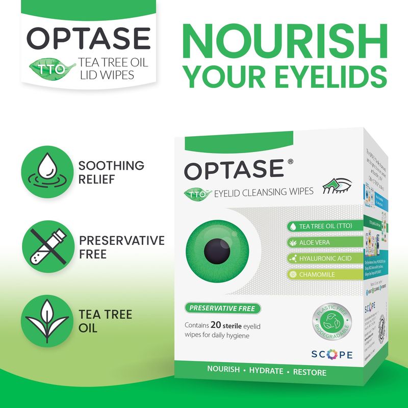 OPTASE TTO Eyelid Cleansing Wipes, Box of 20 - Individually Wrapped Eyelid Wipes With Tea Tree Oil - Eyelid Cleanser &amp; Eye Makeup Remover Wipes - Eye Wipes for Dry Eyes, Stye, Blepharitis Treatment