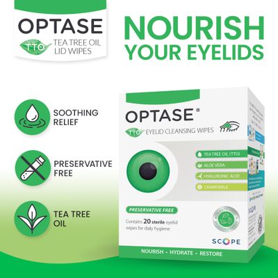 OPTASE TTO Eyelid Cleansing Wipes, Box of 20 - Individually Wrapped Eyelid Wipes With Tea Tree Oil - Eyelid Cleanser &amp; Eye Makeup Remover Wipes - Eye Wipes for Dry Eyes, Stye, Blepharitis Treatment