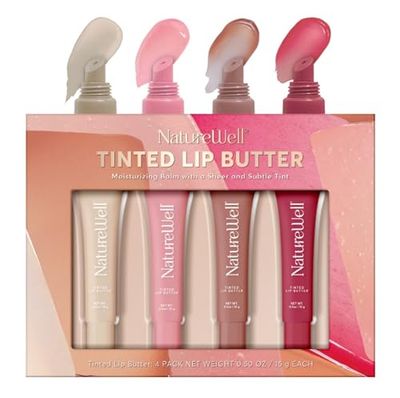 NATURE WELL Tinted Lip Butter Variety Pack, Shear &amp; Subtle Tinted Moisturizing Balms, Vanilla Scented, Lightweight &amp; Non-Greasy, Vitamin E, Shea, &amp; Murumuru Butters, 0.50 Oz Each (Pack of 4)