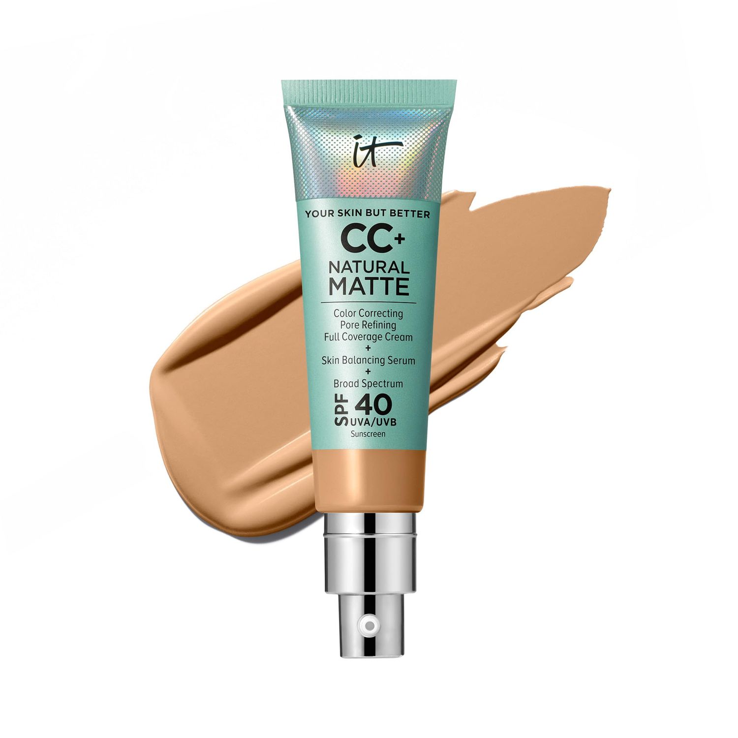 IT Cosmetics CC+ Cream Natural Matte Foundation with SPF 40 - Shine-Reducing &amp; Long-Wear Full Coverage Foundation For Oily Skin - With Hyaluronic Acid - Non-Comedogenic, Tan Warm - 1.08 fl oz