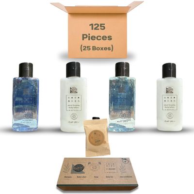 Roomsium Turkish Hammam Bath Toiletries Set - Luxury Recyclable Toiletries for AIRBNB, Hotels, SPAs, Vacation Rentals | Shampoo, Body Lotion, Shower Gel, Conditioner, Soap Bar | 125 Pieces, 25 Boxes
