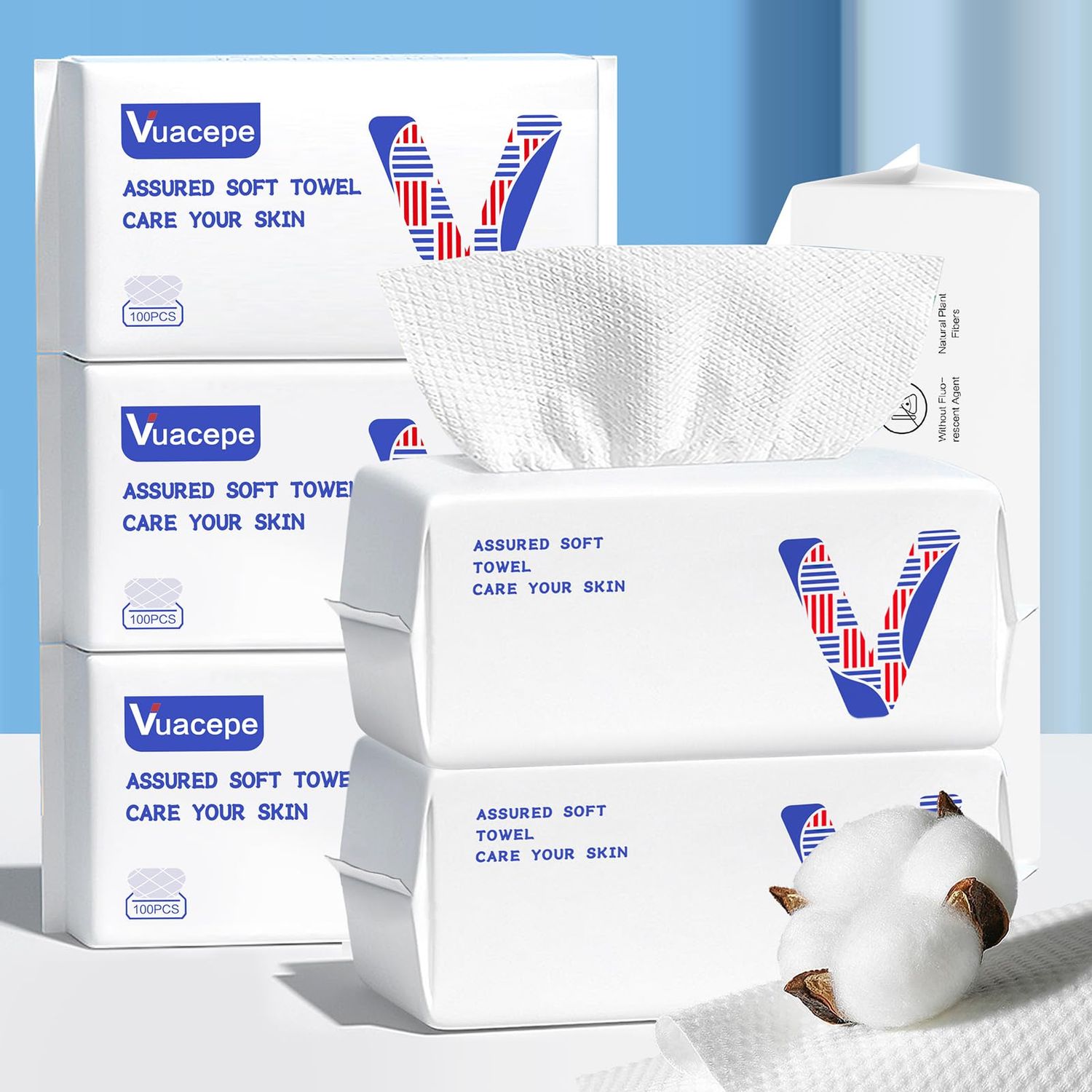Vuacepe Face Towels Disposable Cotton Facial Clean Towels, 600 Count Biodegradable Soft Dry Facial Tissue, Face Drying Towels for Skin Care, Makeup Remover, Disposable Face Cloths for Washing Face