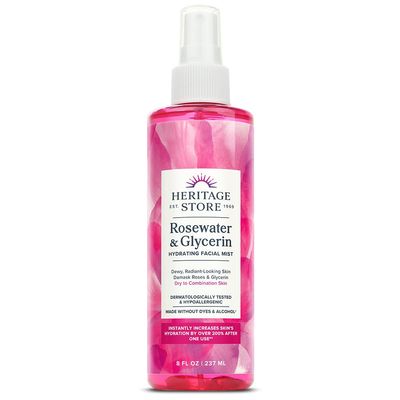 HERITAGE STORE Rosewater &amp; Glycerin Hydrating Facial Mist - Dry Combination Skin Care - Rose Water Spray w/ Vegetable Glycerine, Made Without Dyes or Alcohol, Hypoallergenic, Vegan, Cruelty Free, 8oz