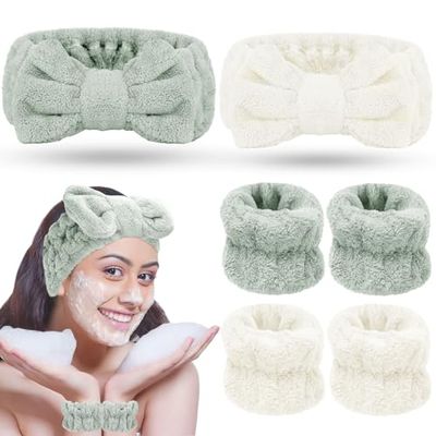 Pimoys 6 Pieces Spa Headband and Wristband Set, Womens Makeup Headband Face Wash Headbands with Wrist Bands for Skin Care and Washing Face (Green and White)