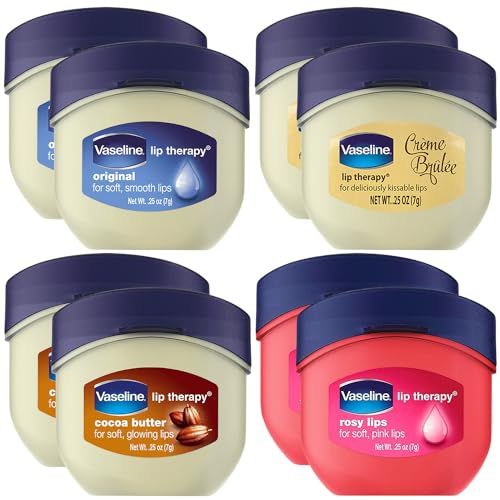 Vaseline Lip Therapy Variety 8-Pack Gift Set - Original, Crme Brle, Rosy Lips, Cocoa Butter Mini Lip Balms for Soft, Glowing, and Deliciously Kissable Lips, 0.25 Oz Ea