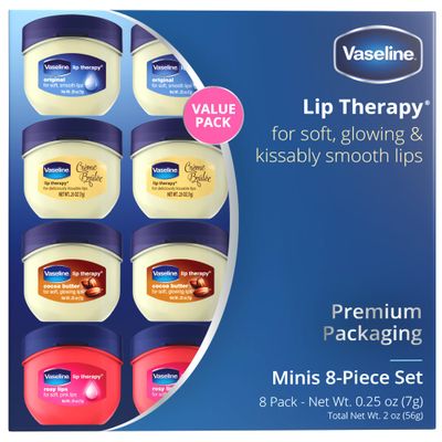 Vaseline Lip Therapy Variety 8-Pack Gift Set - Original, Crme Brle, Rosy Lips, Cocoa Butter Mini Lip Balms for Soft, Glowing, and Deliciously Kissable Lips, 0.25 Oz Ea