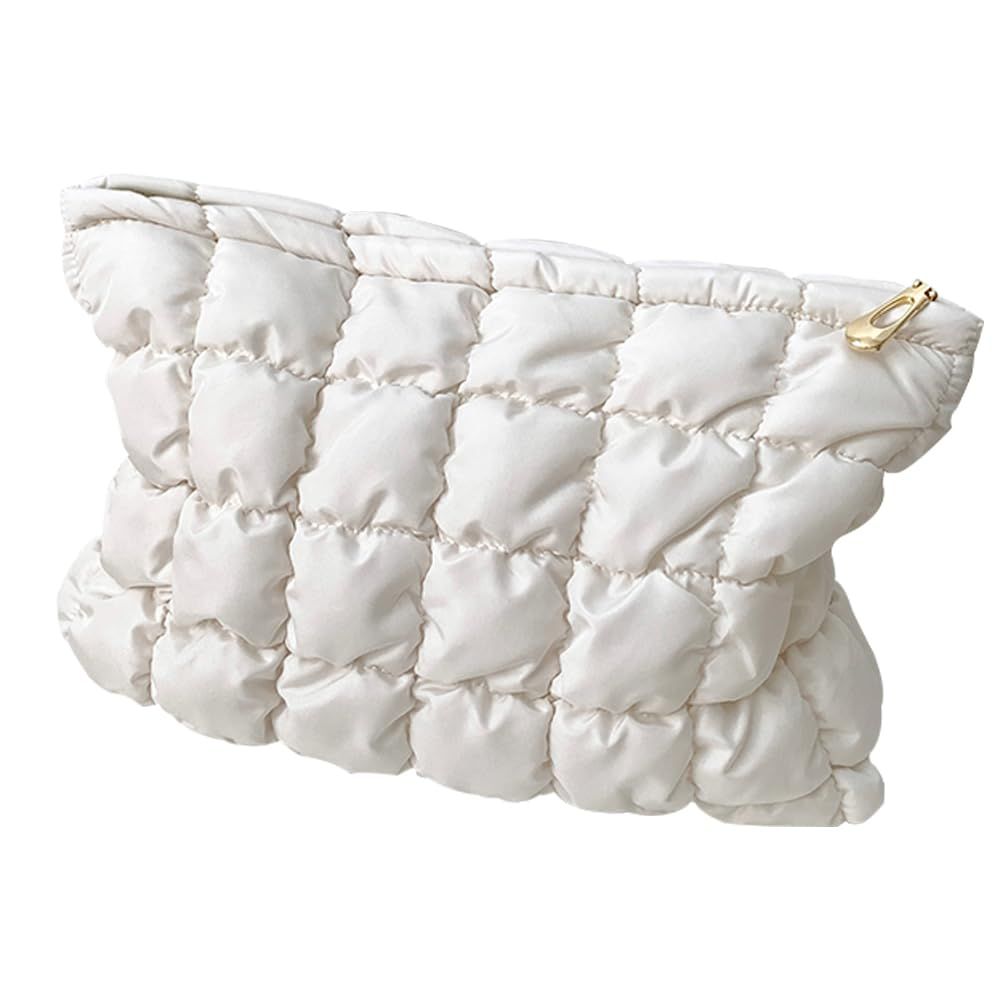 WANNES Cute Cosmetic Bag for Women, Soft and Fluffy Travel Makeup Bag with Durable Zipper, Essential Skincare and Toiletry Organizer Pouches (off-white)