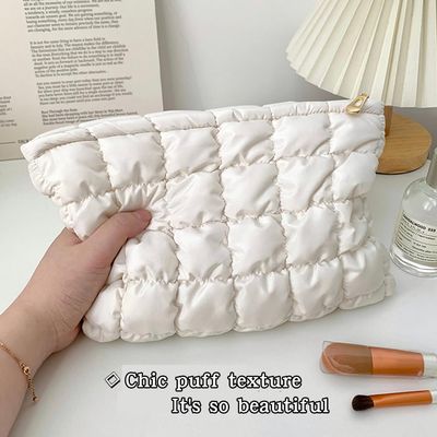 WANNES Cute Cosmetic Bag for Women, Soft and Fluffy Travel Makeup Bag with Durable Zipper, Essential Skincare and Toiletry Organizer Pouches (off-white)