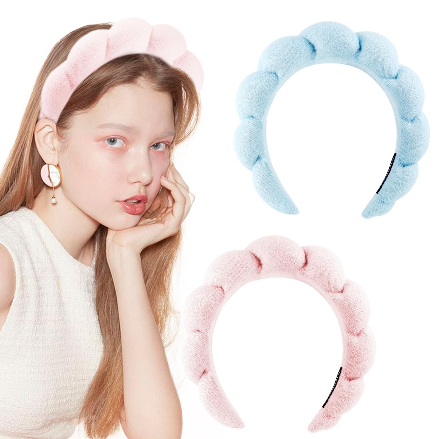 YOOLEETC Headband 2 Pack - Sponge &amp; Terry Towel Cloth Fabric Head Band for Skincare, Face Washing, Makeup Removal, Shower, Hair Accessories- Pink &amp; Blue