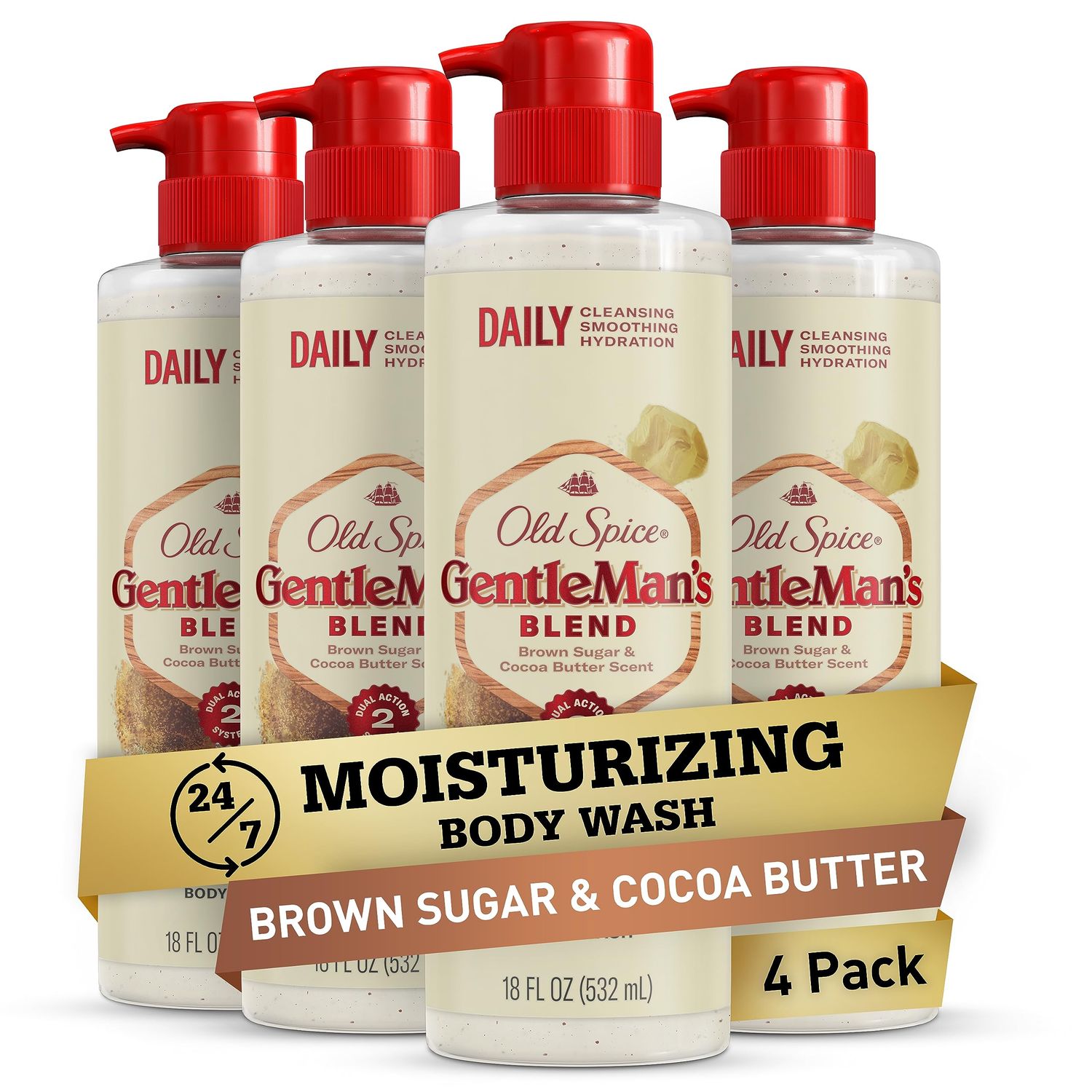 Old Spice Body Wash GentleMan&#39;s Blend Exfoliating for Men, 24/7 Moisturization, Gentle on Skin, Brown Sugar &amp; Cocoa Butter Scent, 18 fl oz (Pack of 4)