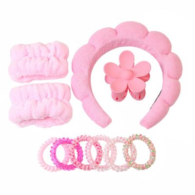 Spa Headbands for Washing Face Wristband Set Bubble Soft Hairband Hair Coil Plastic Phone Cord Elastic Spiral Hair Ties Scrunchies Puffy Makeup Headbands For Facial Mask Shower Skincare (10 Set,Pink)