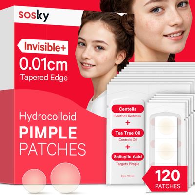 Sosky Pimple Patches for Face, FSA HSA Eligible Invisible Hydrocolloid Acne Patches, Zit Sticker for Face and Skin, Pimple Patches for Covering Zits, Blemishes with Salicylic Acid 120 Count