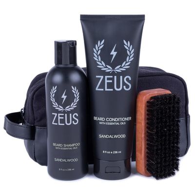 ZEUS Starter Beard Wash Kit with Travel Toiletry Dopp Bag - Beard Wash Shampoo &amp; Conditioner, Beard Brush &amp; Travel Toiletry Bag (Sandalwood)