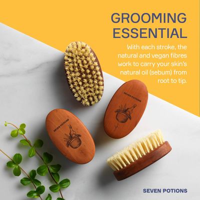 Seven Potions Vegan Beard Brush for Men - 100% Sisal Plant Fibre & Pear Wood - Firm Bristles to Gently Tame/Soften/Exfoliate - 100% Natural, Non-Synthetic