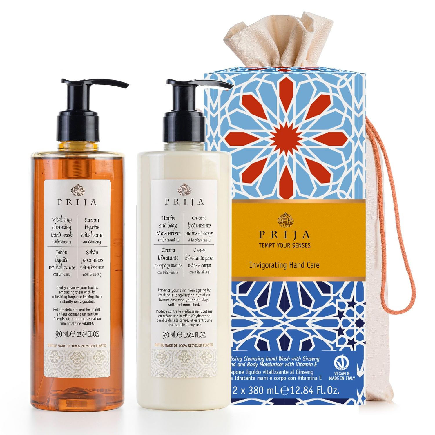 Prija Everyday Treatment Gift Pack (Contains Vitalizing Cleansing Hand Wash with Ginseng and Hands and Body Moisturizer with Vitamin E) - Vegan Friendly - Dermatologically Tested